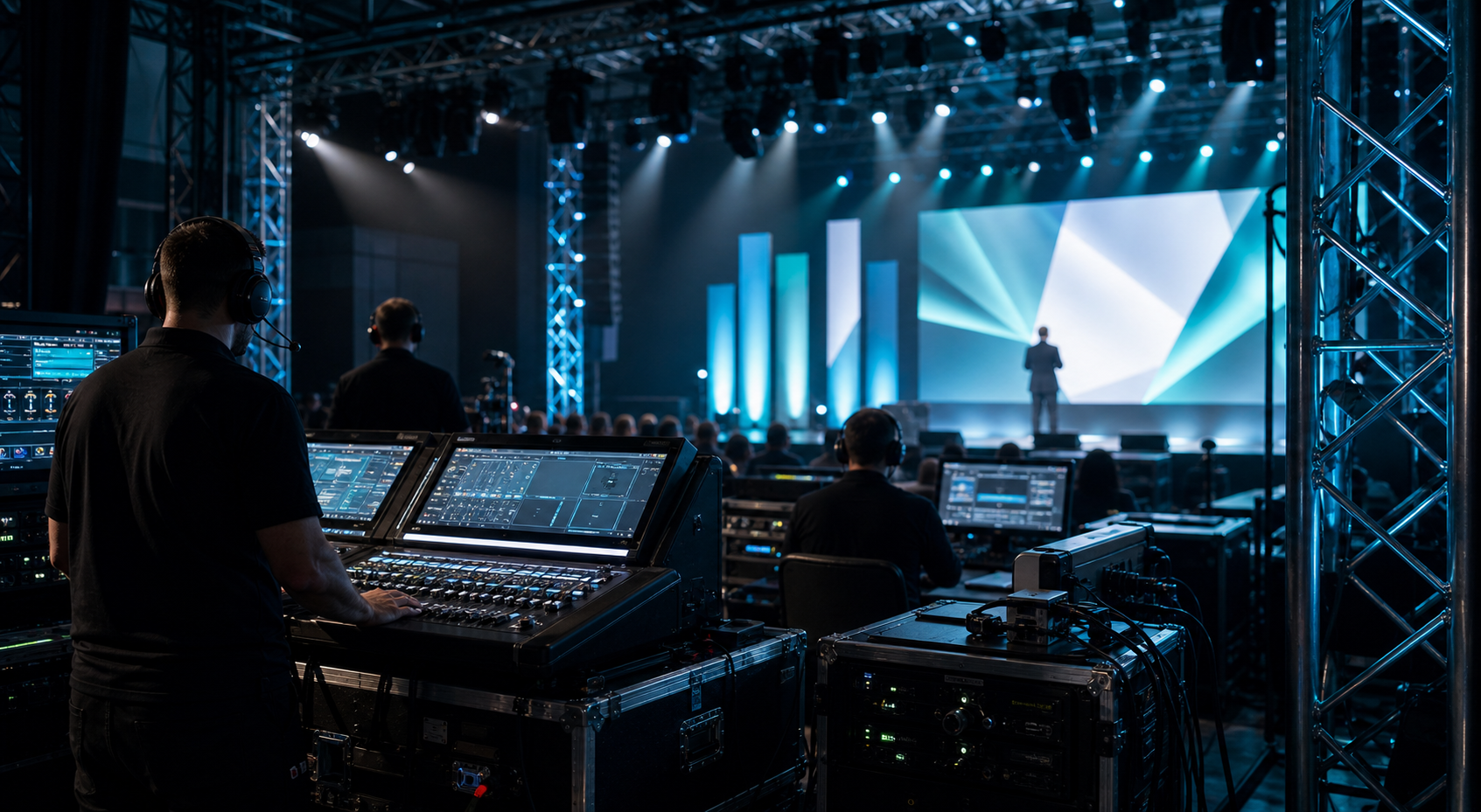 Corporate event production control room and stage setup