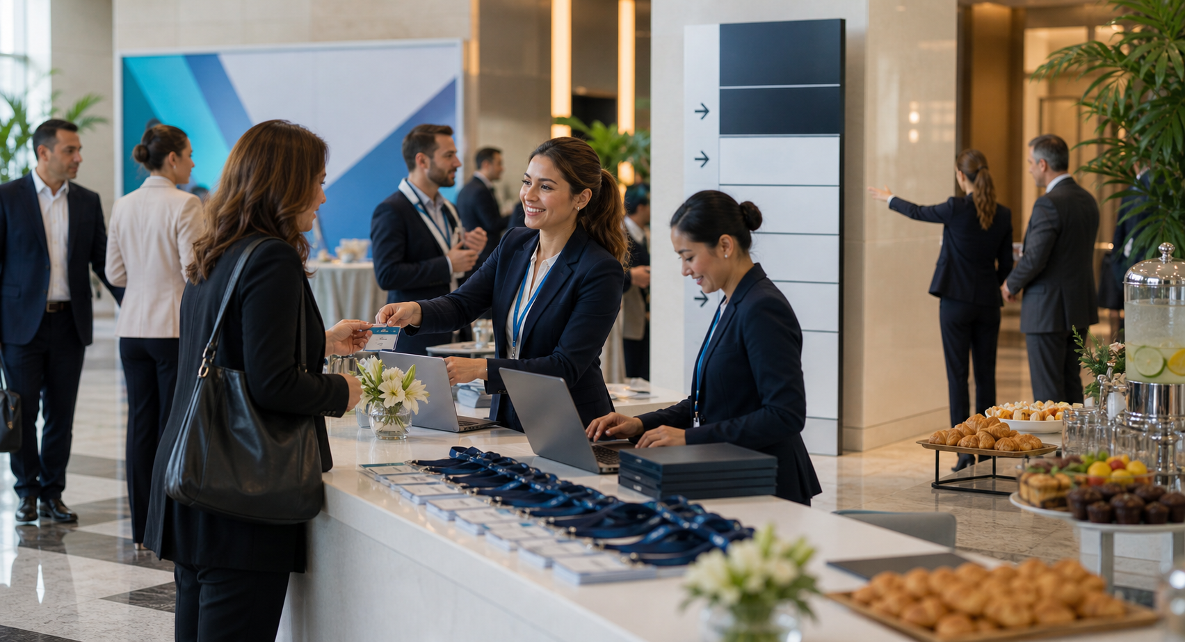 Hospitality and logistics team managing event registrations